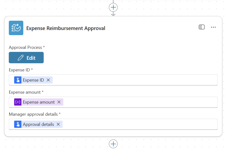 Screenshot of the manual stage input configuration, showing how to add and map inputs such as Expense ID, Expense amount, and Manager approval details.