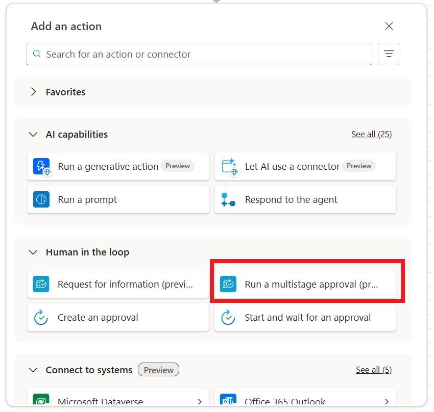 Screenshot of the Run a multistage approval action in the AI capabilities section of the flow designer.