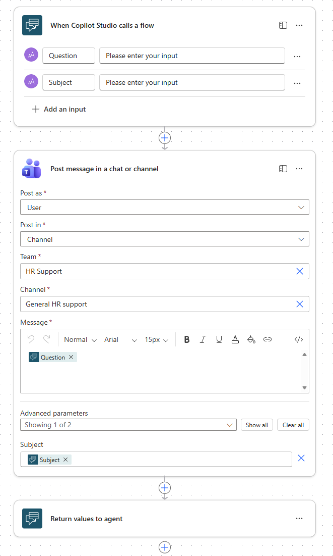 Screenshot of the 'Post an HR question to an expert' flow in Power Automate.
