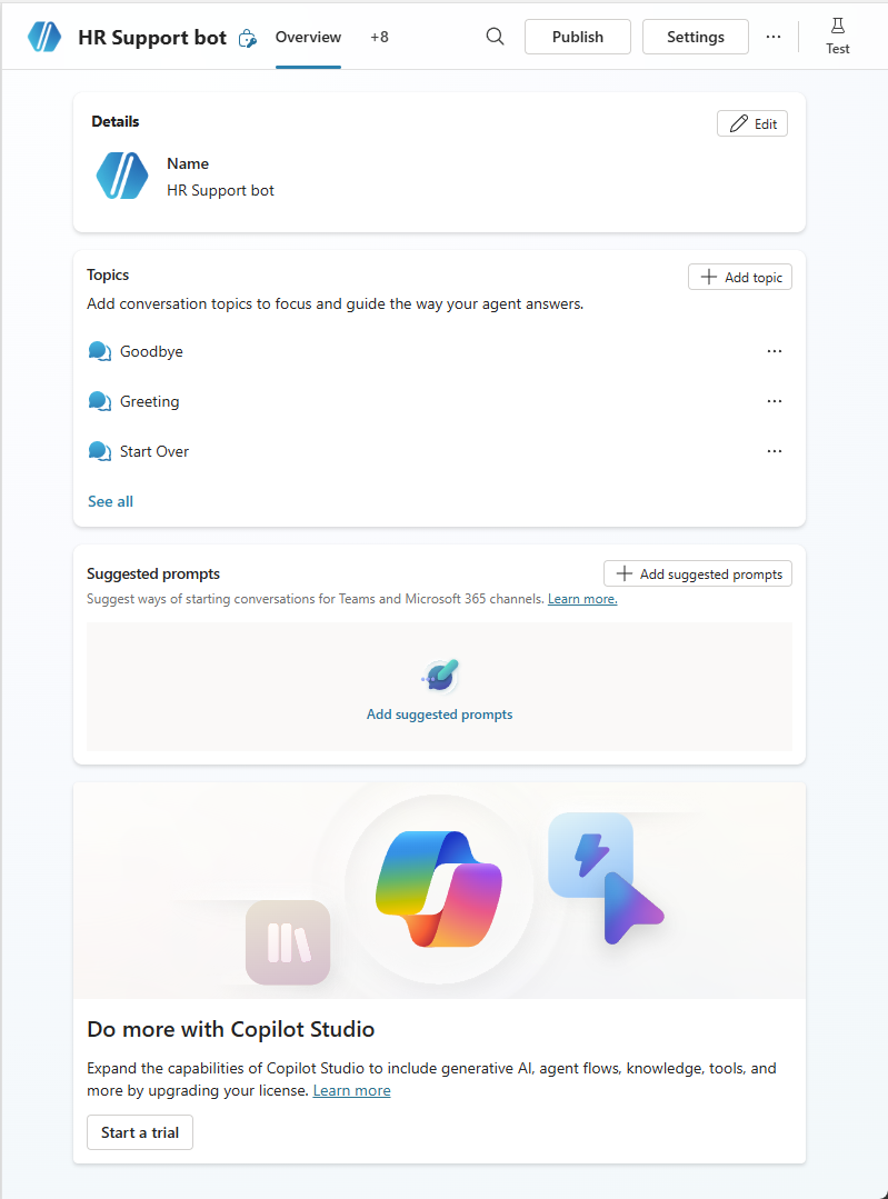 Overview page for a new agent.