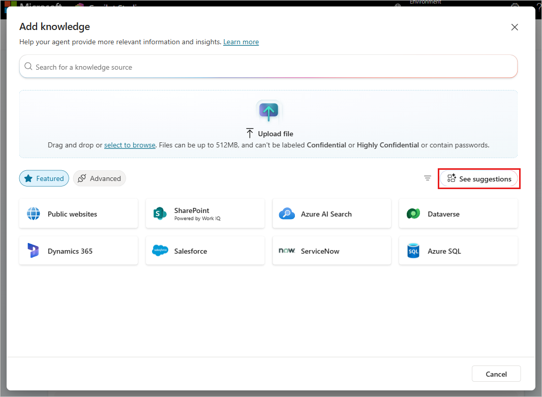 The Add knowledge dialog showing knowledge source options including Public websites, SharePoint, Azure AI Search, Dataverse, Dynamics 365, Salesforce, ServiceNow, and Azure SQL.
