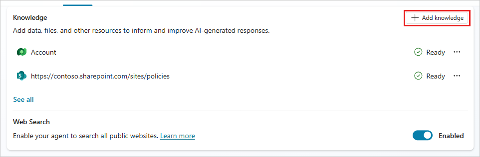The Overview page showing the Knowledge section with the Add knowledge button.