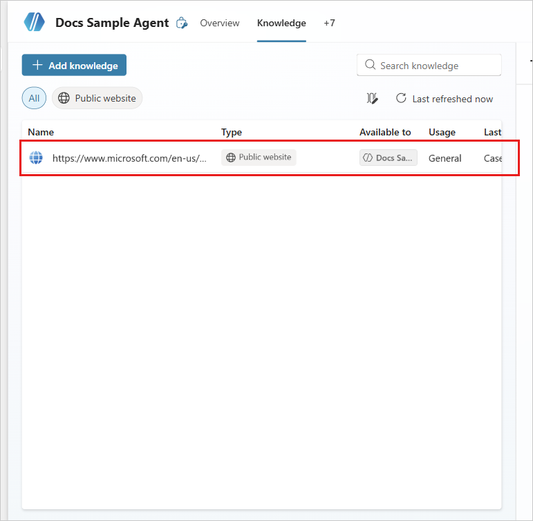 Screenshot of the Knowledge page in Copilot Studio showing the newly added public website knowledge source in the list with Ready status.