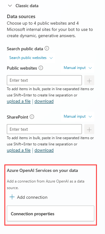 Screenshot that shows the options available under Classic data.