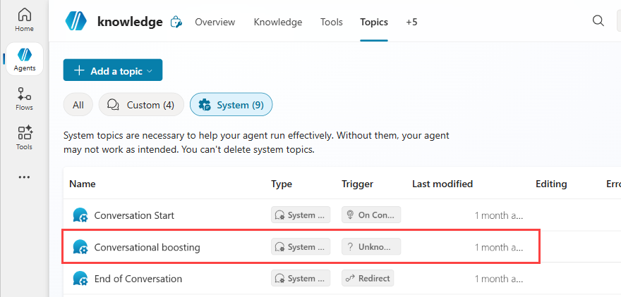 Screenshot showing the Conversational boosting system topic in the list of topics.