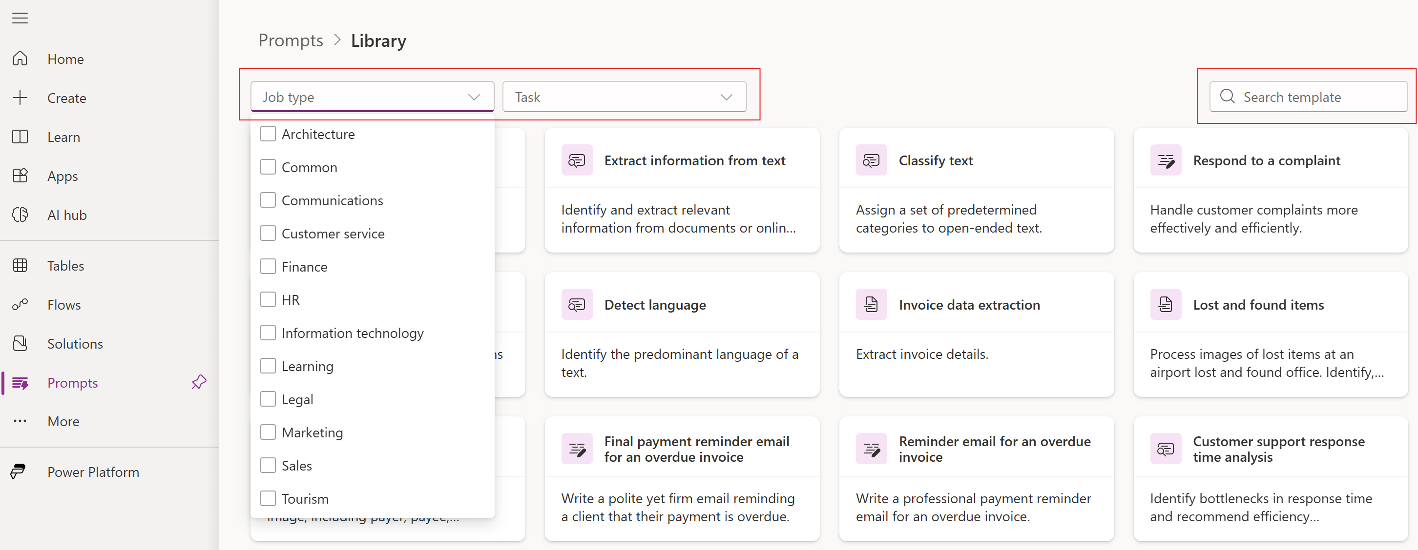Screenshot of the job type, task, and search functionality in the prompt library.