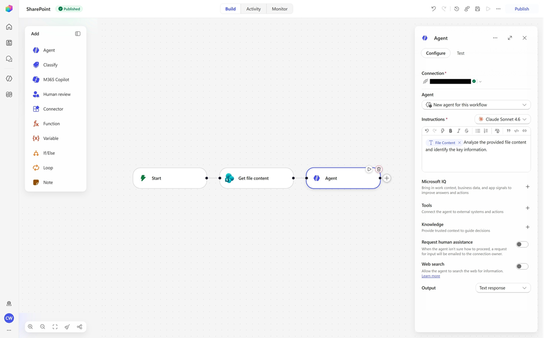 Workflow using the SharePoint Get file content node and an Agent node to extract data from a SharePoint file.