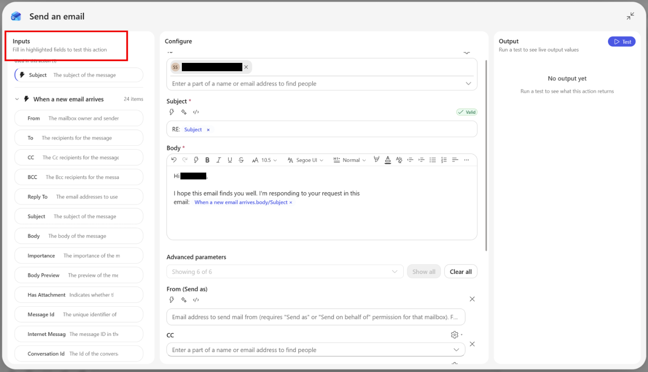 Screenshot of the node test panel showing blank input fields with type badges on the right.