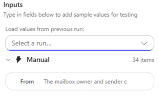 Screenshot of the 'Load values from previous run' dropdown showing past runs with date, time, and status labels.