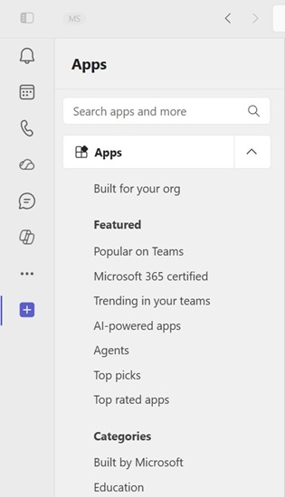 Screenshot showing the core apps are the apps pinned in Teams by default.