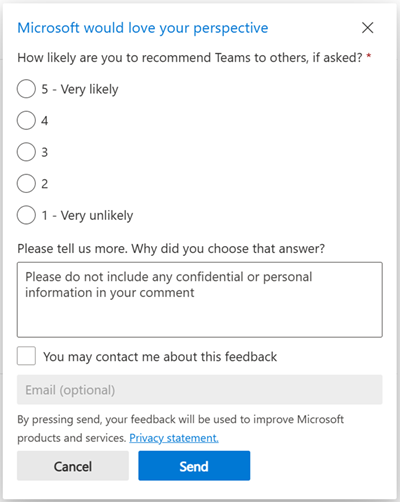 Screenshot of the survey form in Teams.