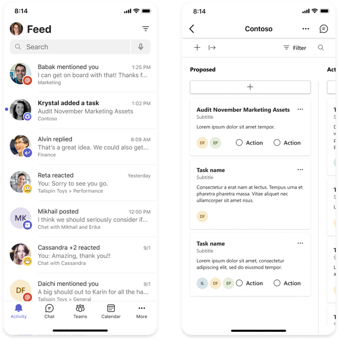 Example shows an app notification displayed in the Teams activity feed on mobile.