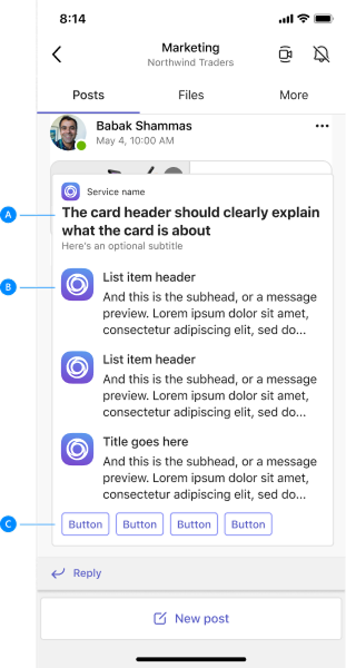 The screenshot shows Adaptive Card anatomy on mobile.