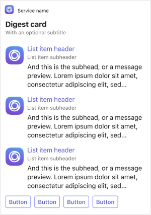 Example shows an Adaptive Card digest card on mobile.