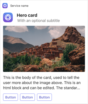 Example shows an Adaptive Card hero card on mobile.