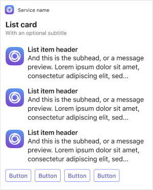 Example shows an Adaptive Card list card on mobile.