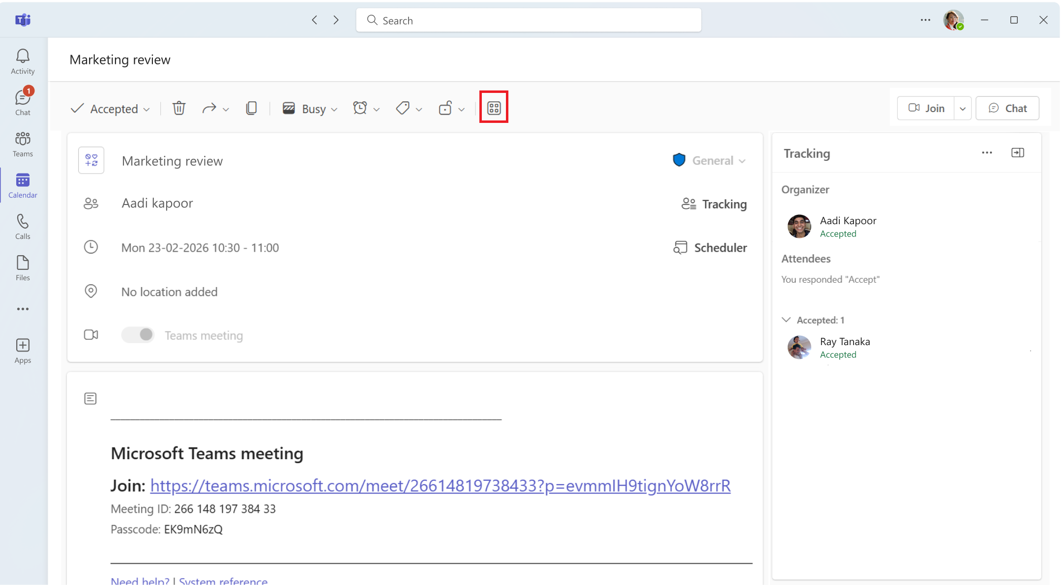 Screenshot shows the pre-meeting app experience in Teams meeting.