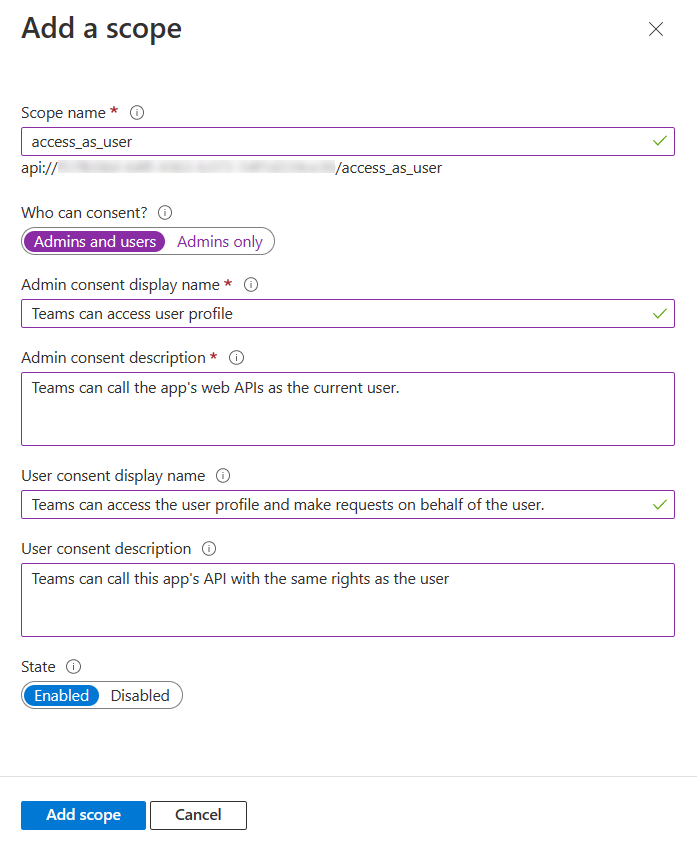 Screenshot shows how to add scope details in Azure.