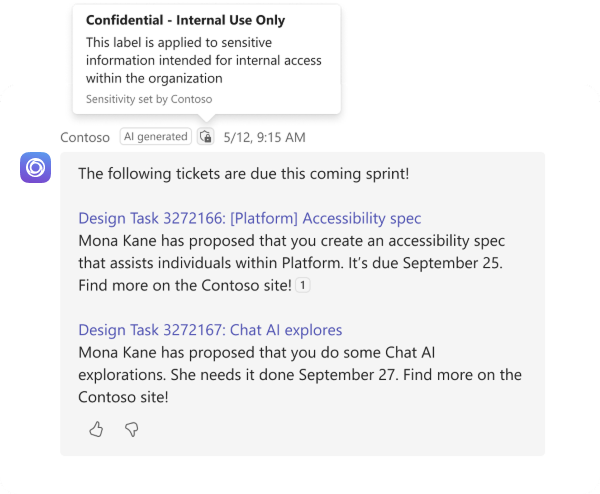 Screenshot shows an AI-powered agent with sensitivity label in the Teams desktop client.