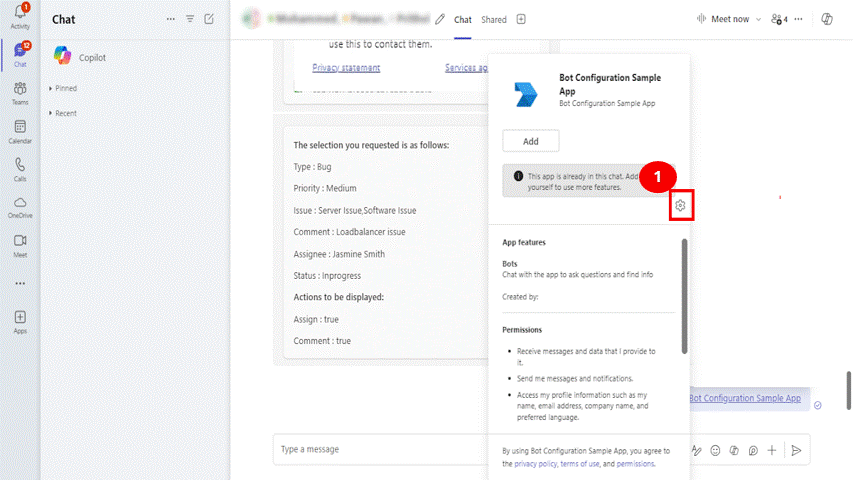 Screenshot shows the configuration option for the agent in a Teams group chat.