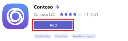 Screenshot of the app details dialog with the Add option to install the app.
