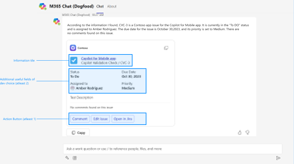 Screenshot shows an example of information title, additional user fields, and action button in an Adaptive Card response.