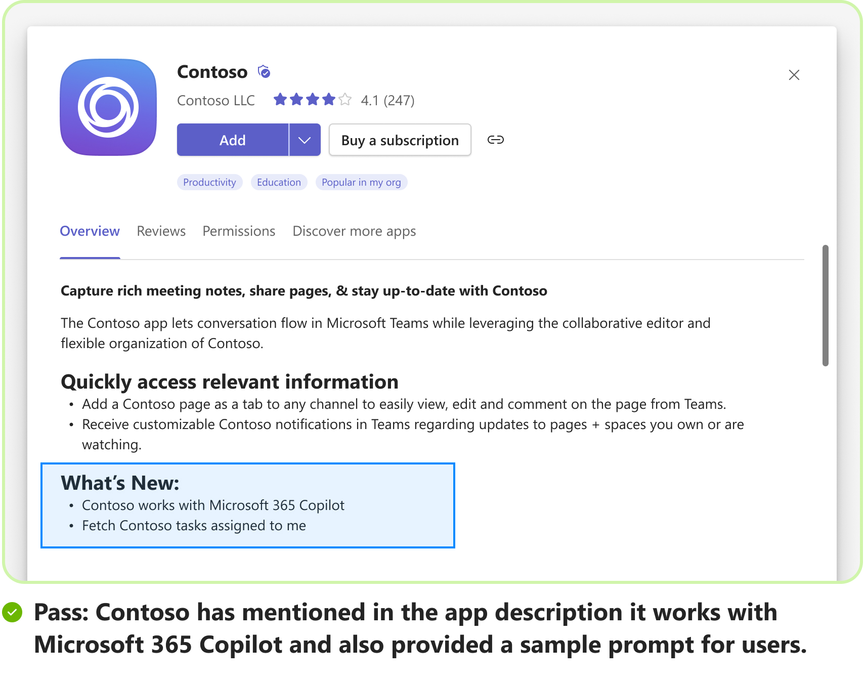 Screenshot shows a pass scenario with an example of sample prompt for message extension usage as an agent in Microsoft 365 Copilot.