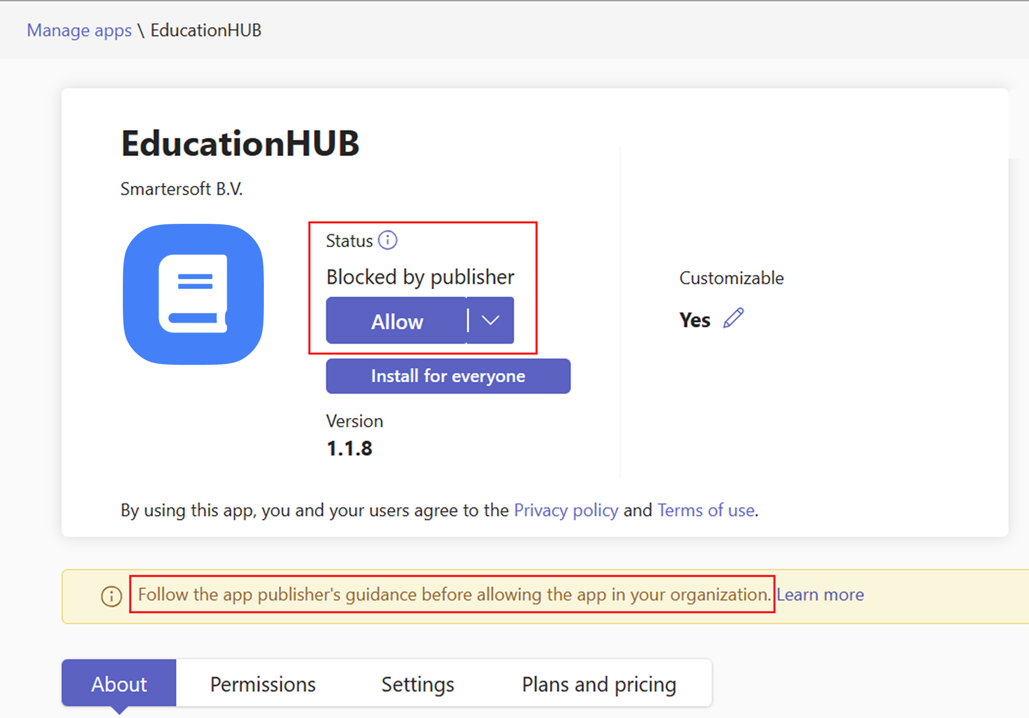 Screenshot shows the Allow option for the app blocked by publisher.