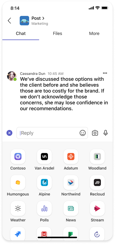 Screenshot shows the message extensions invoke location on Teams mobile.