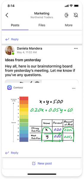 Example shows a user posting content into a channel conversation on mobile.