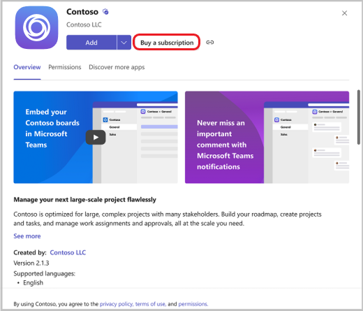 Screenshot shows buying the subscription for the selected app.