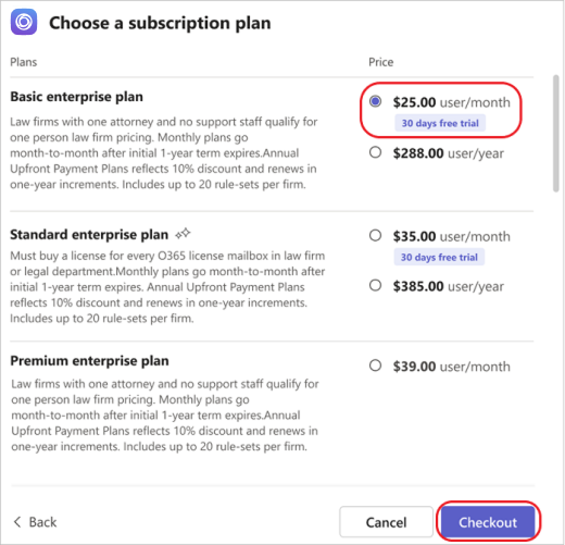 Screenshot shows the selection of appropriate subscription plan.