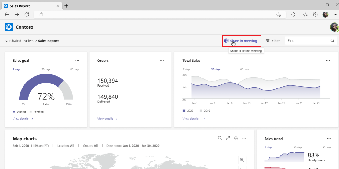 Screenshot shows share in meeting button on the web app.