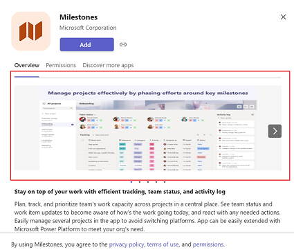 Example screenshot highlights where app screenshots display in a Teams Store listing.