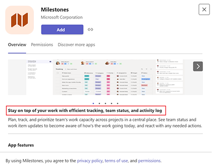 Example screenshot highlights where an app's short description displays in a Teams Store listing.