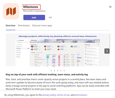 Example screenshot highlights where an app's short name displays in a Teams Store listing.