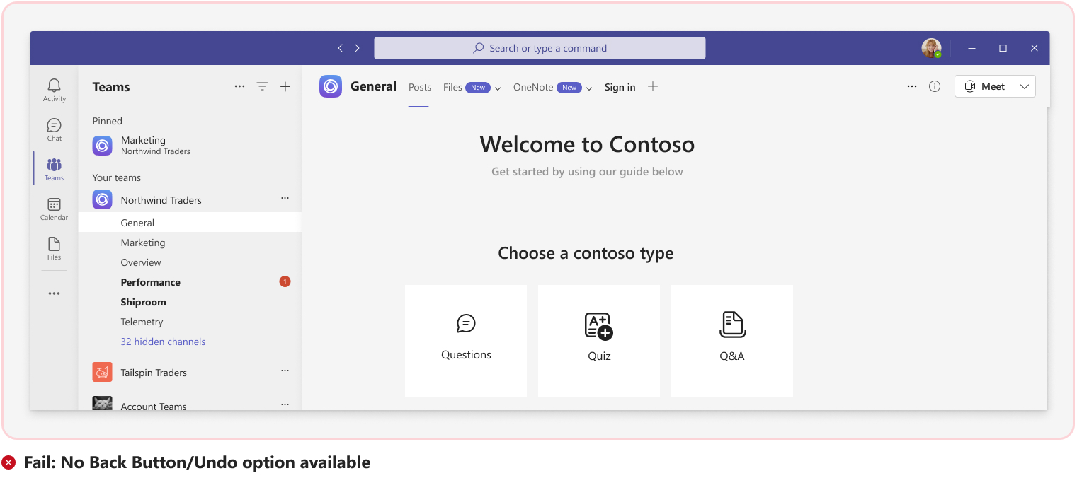 Screenshot shows failed scenario of no back button option available.