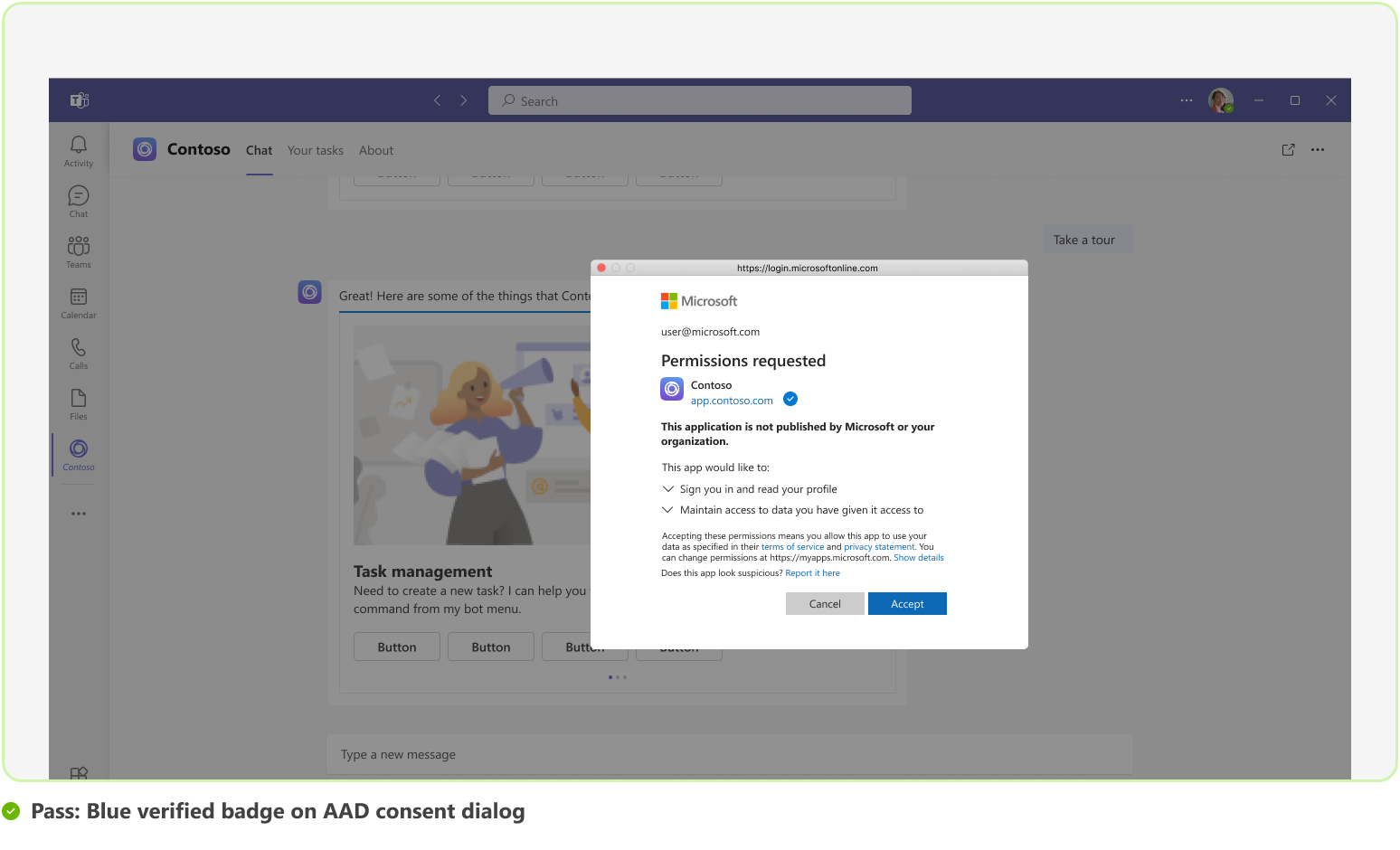 Graphic shows an example of a blue verified badge on the Microsoft Entra consent dialog.