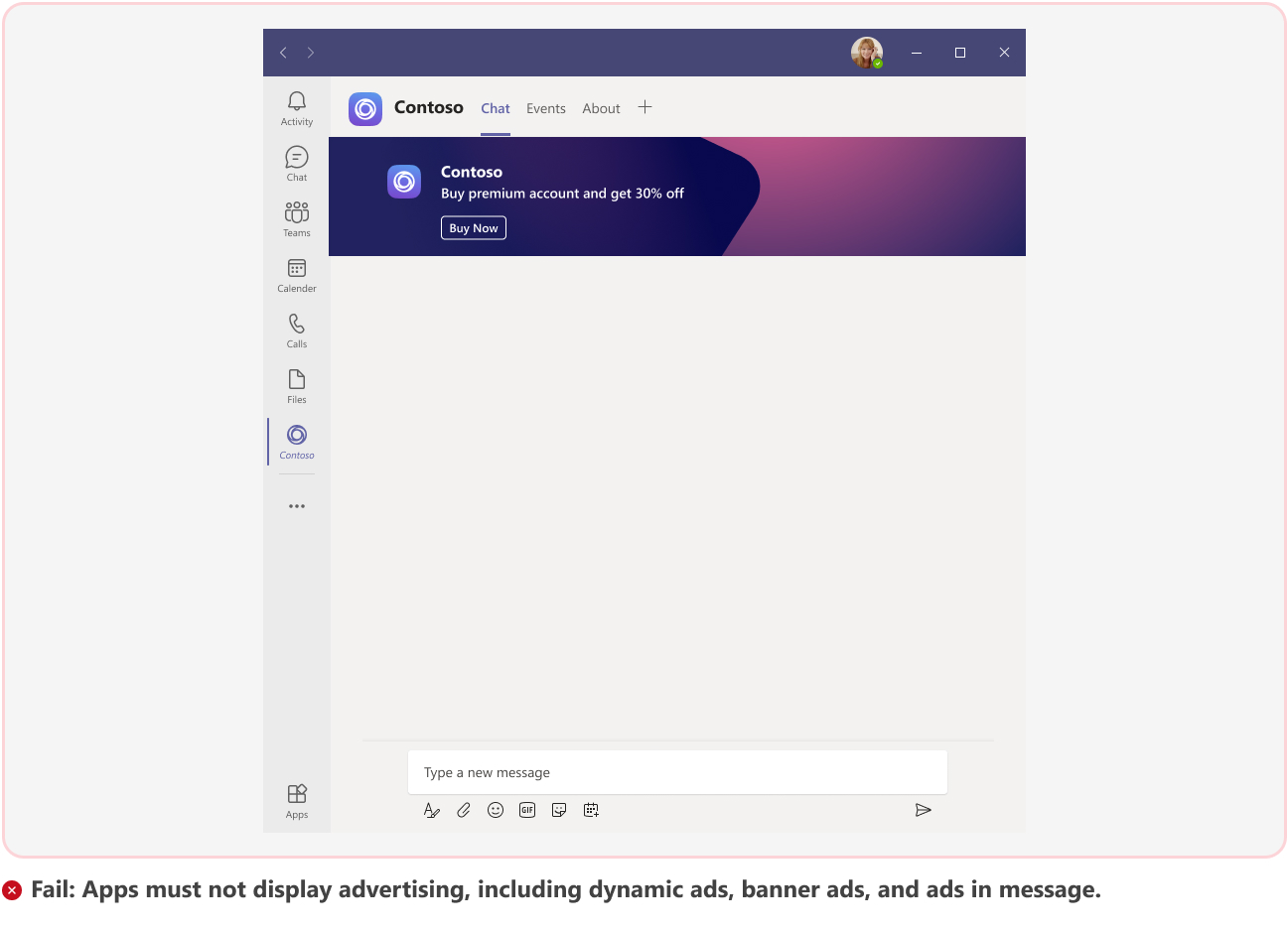 Graphic shows an example of a failed scenario of advertising in Teams.