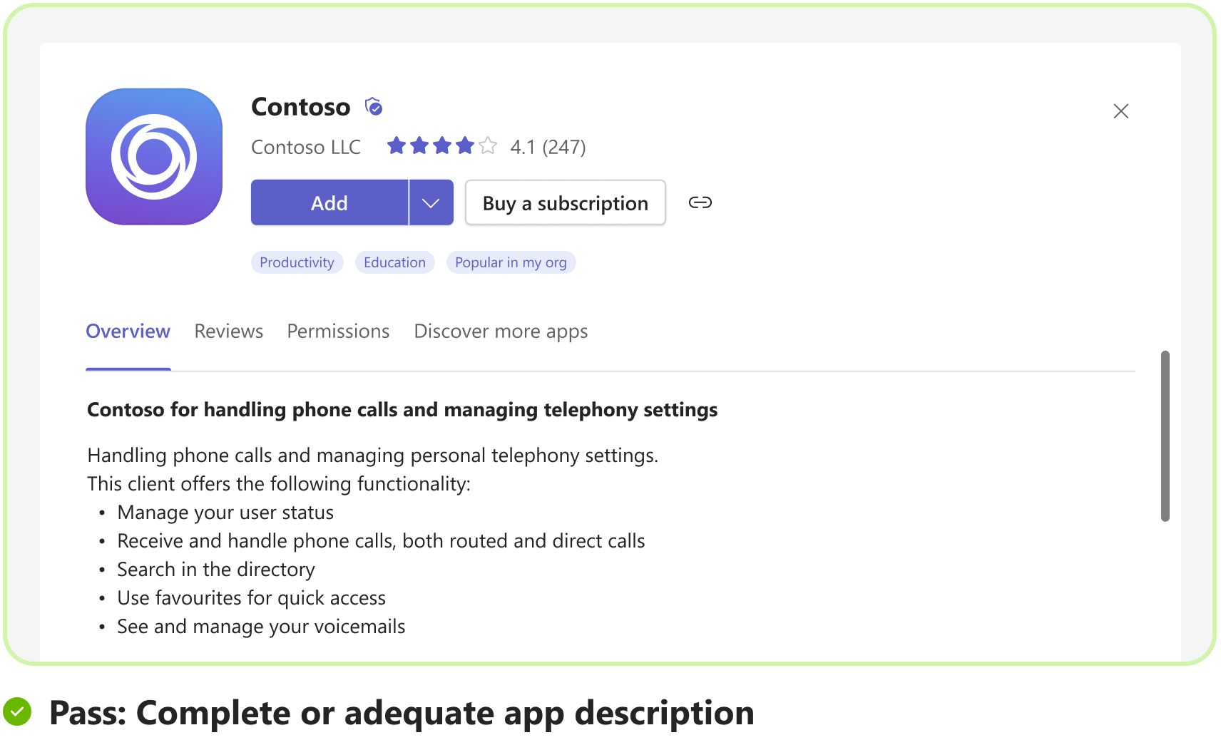 Graphic shows an example of adequate app description in the Teams app.