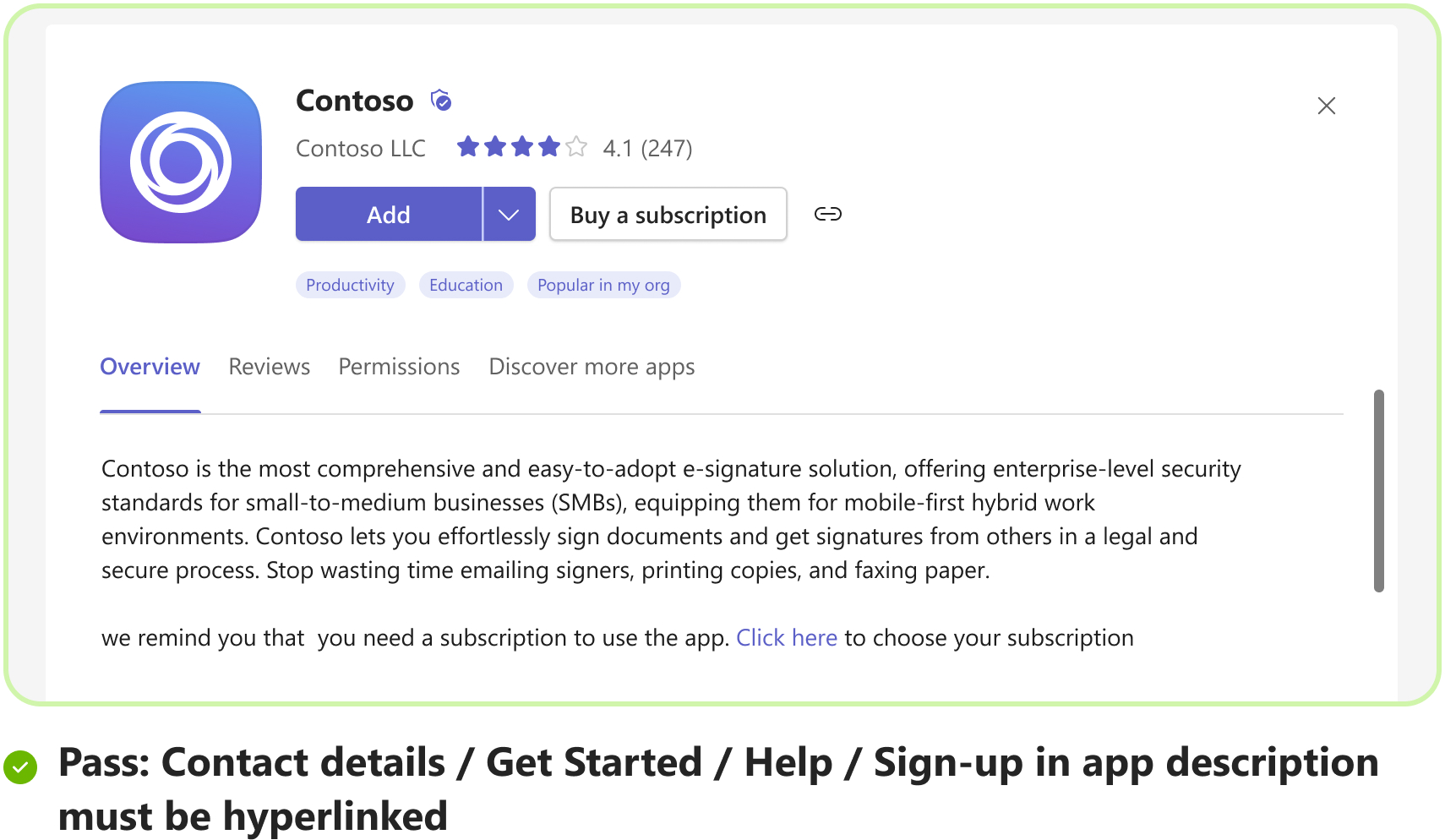 Graphic shows an example of contact details hyperlinked in the app descriptions.