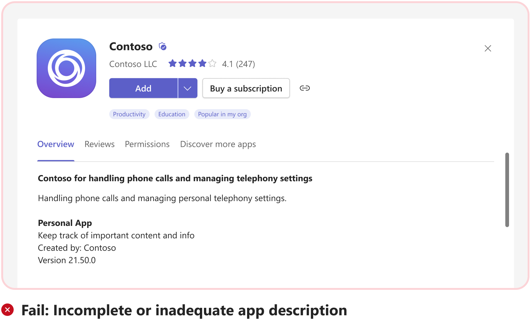 Graphic shows a failed scenario for an inadequate app description.