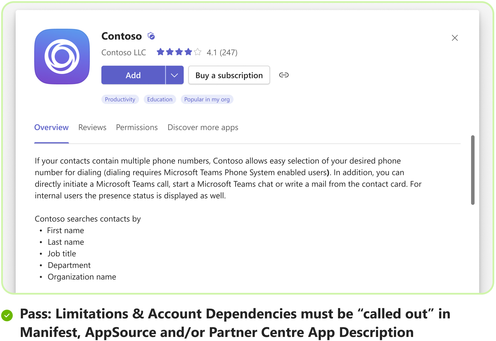 Graphic shows an example of limitations called out in app description.
