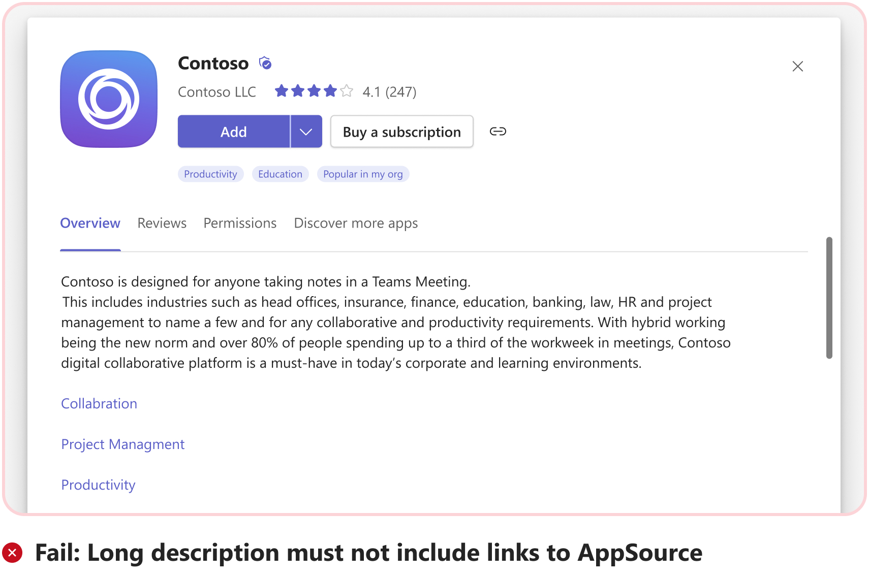 Graphic shows an example of a fail scenario with links to AppSource in app long description.