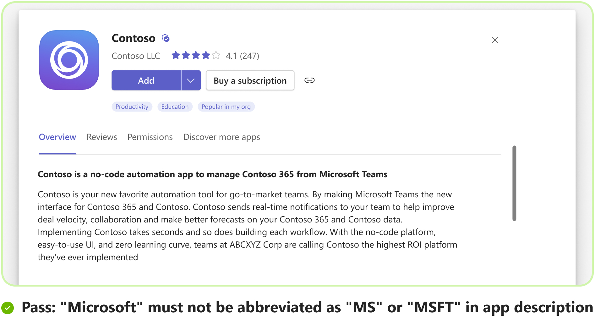 Graphic shows an example of abbreviating Microsoft as MS or MSFT  for the first time in app description.