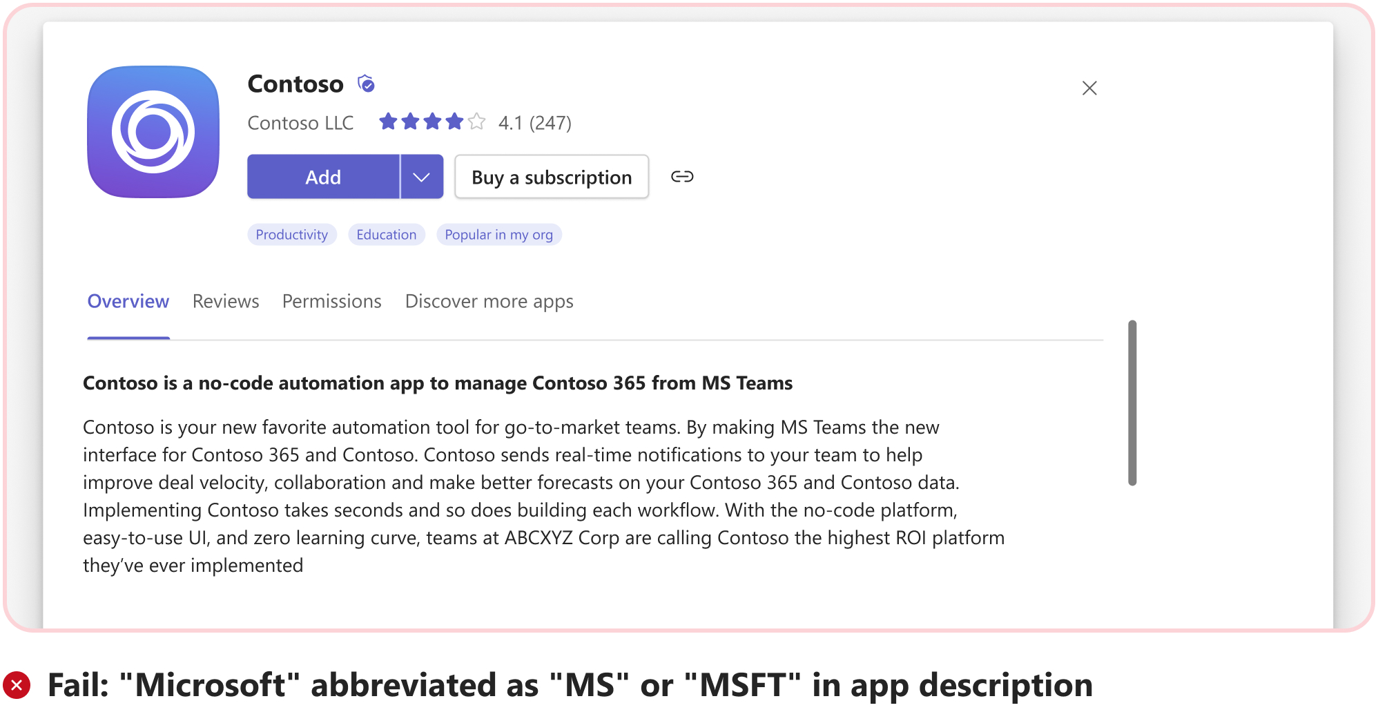 Graphic shows an example of not abbreviating Microsoft as MS or MSFT for the first time in app description.