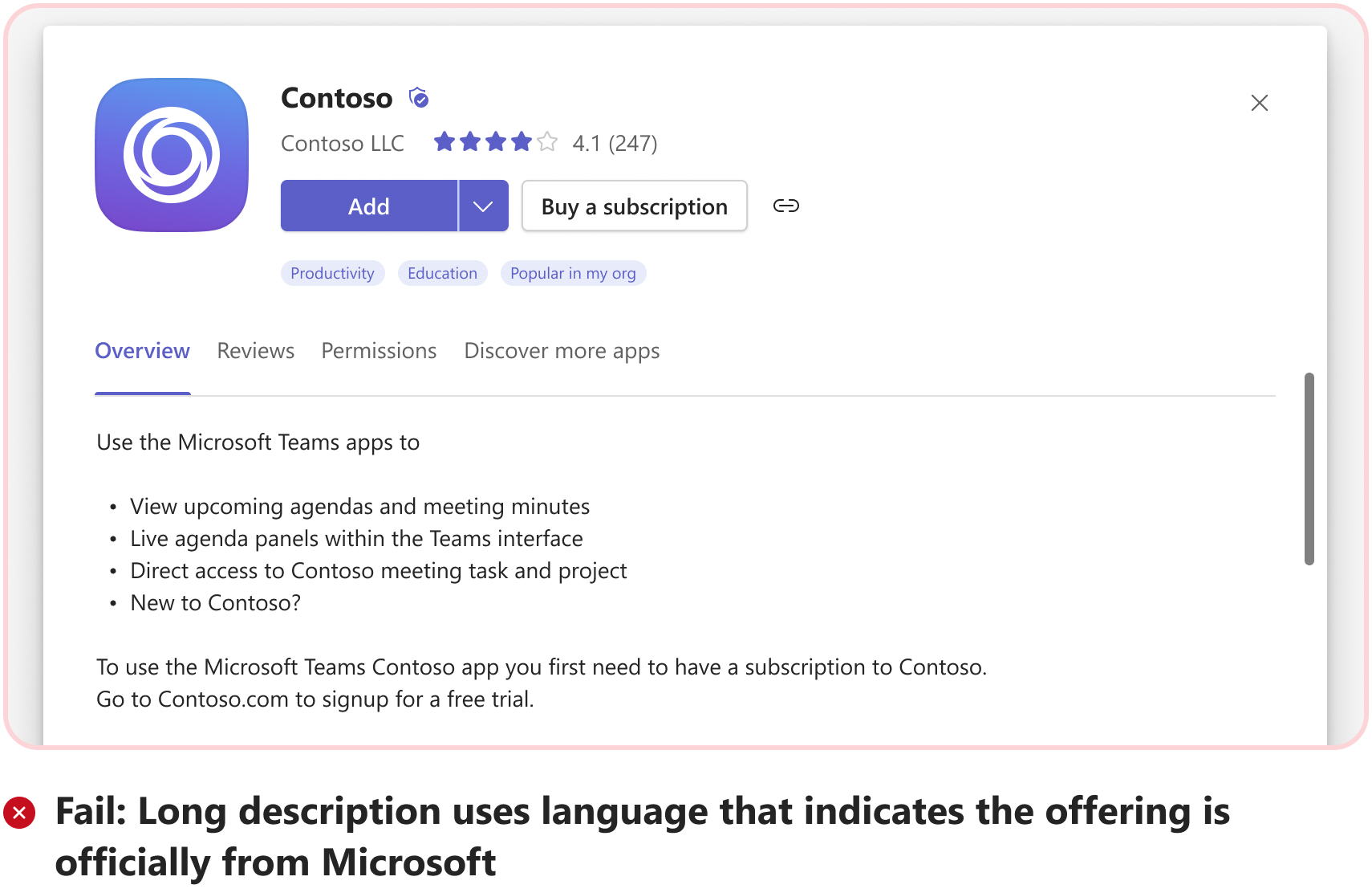 Graphic that shows an example of how to write app description without using microsoft slogans and taglines.