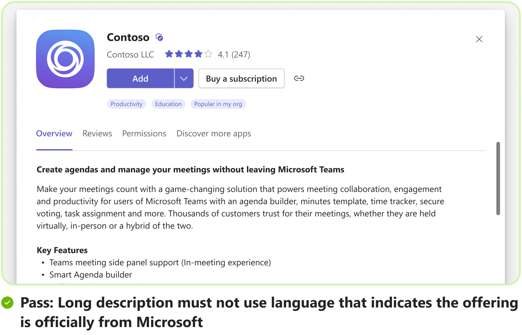 Graphic shows an example of how not to indicate Microsoft offering in app description.
