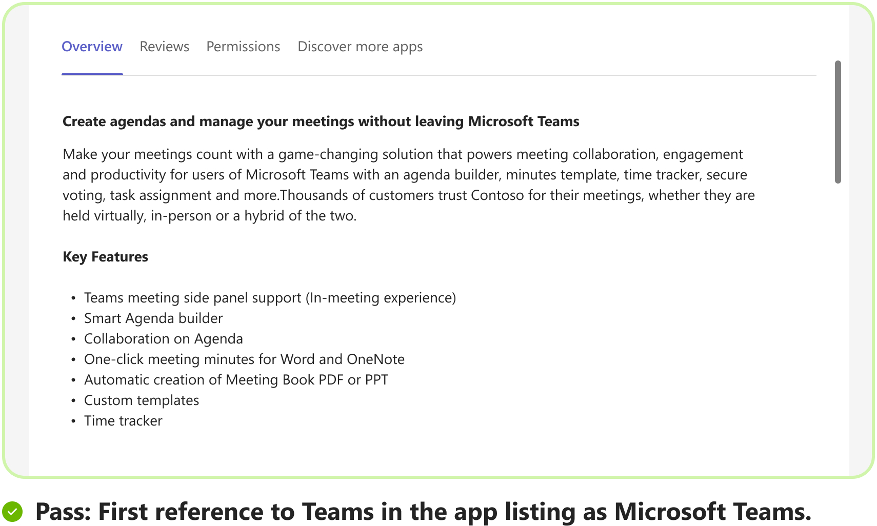 Graphic shows an example of correct reference to Teams in app description.
