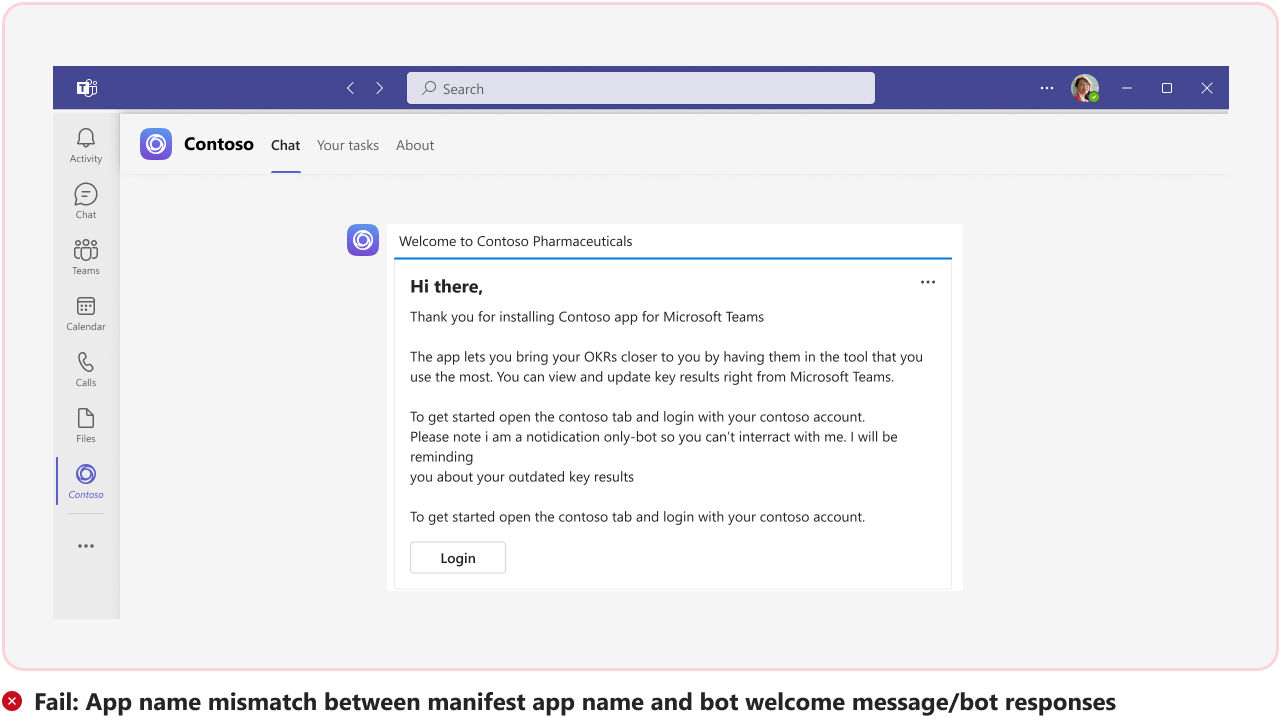 Graphic shows an example of app name in welcome message not matching with the app name in the app manifest.